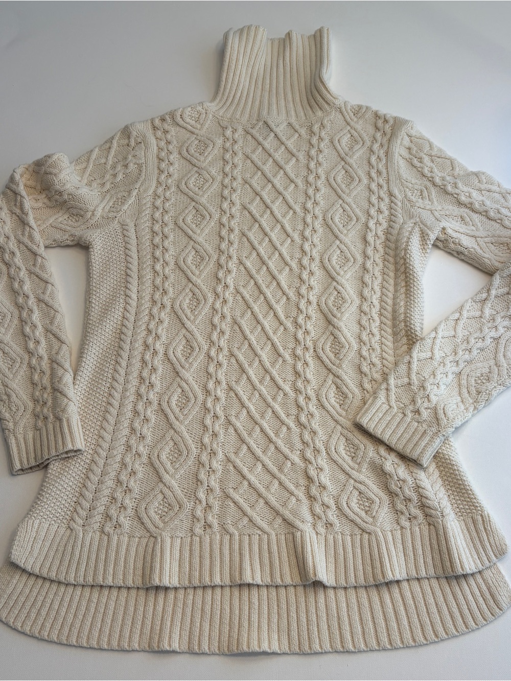 Fisherman Cable Turtleneck Sweater Cotton Ivory/Cream Women’s XS Arian Chunky
